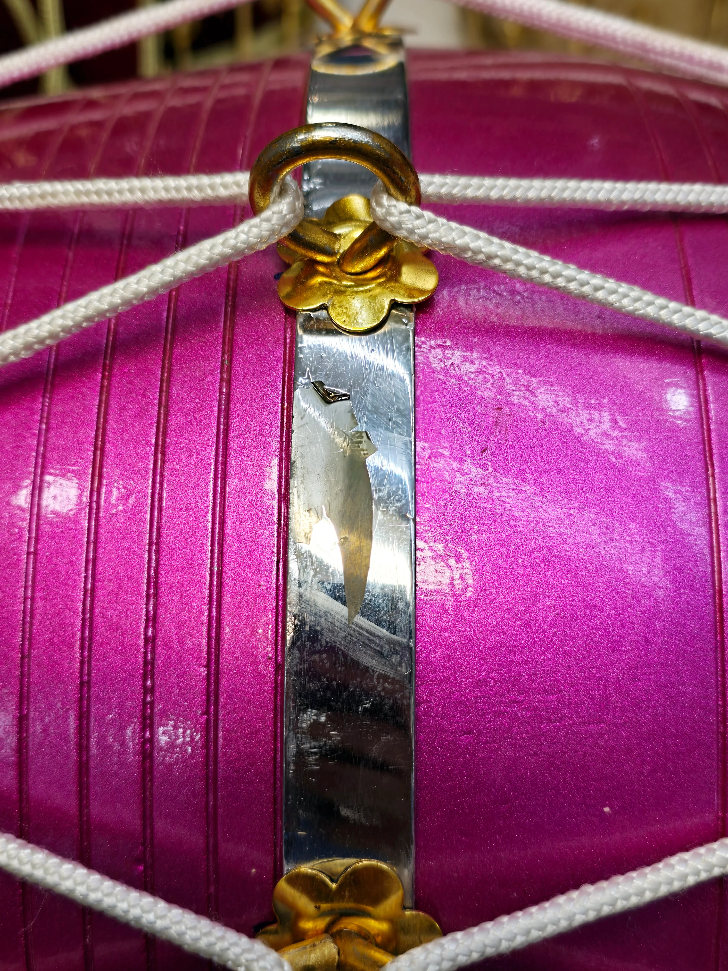 Radiant Rose West Indian Dholak – 20" Red Sheesham, Glossy Sparkling Magenta with White Ropes (Minor Defects) - Image 10