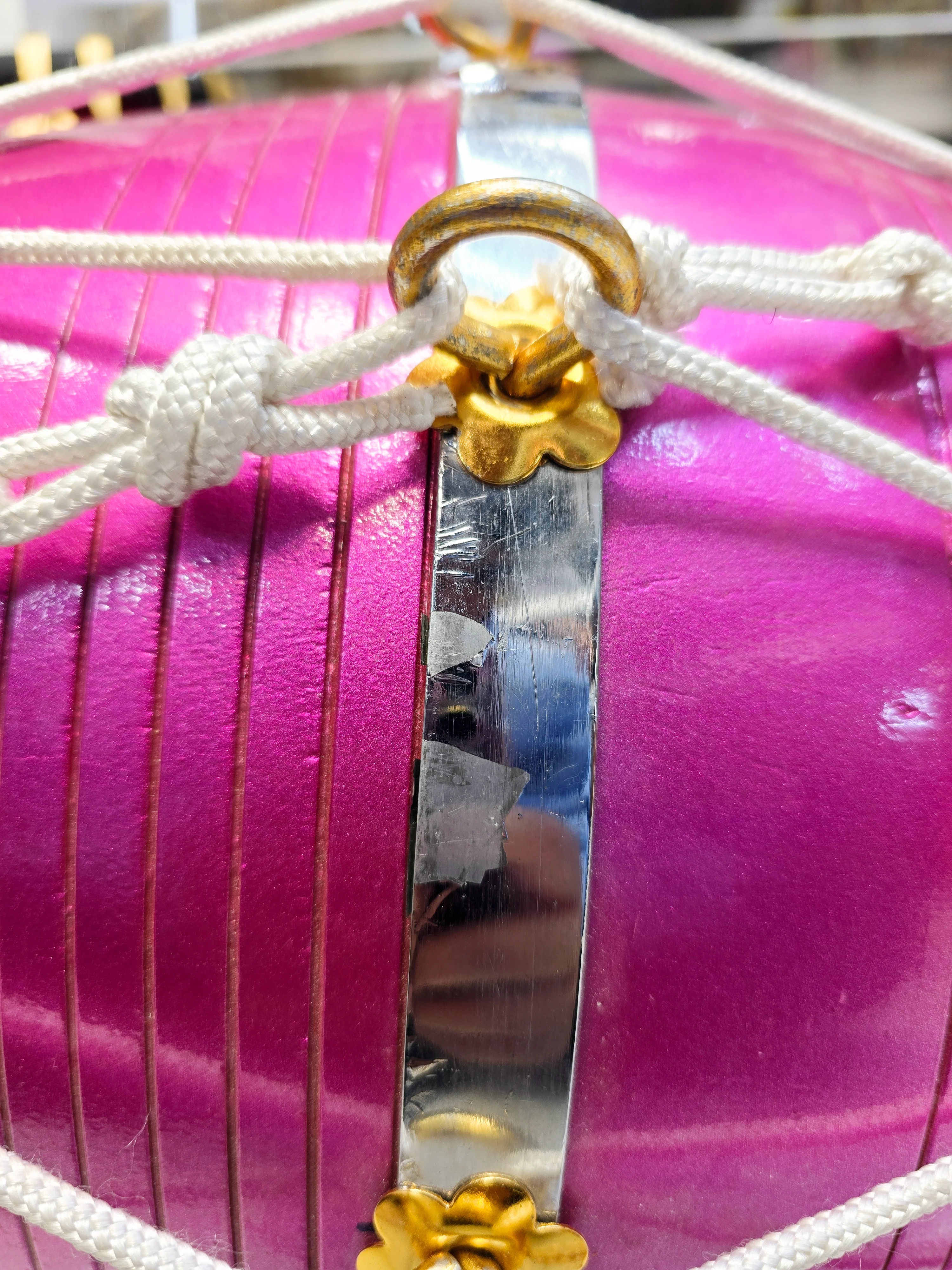 Radiant Rose West Indian Dholak – 20" Red Sheesham, Glossy Sparkling Magenta with White Ropes (Minor Defects) - Image 8