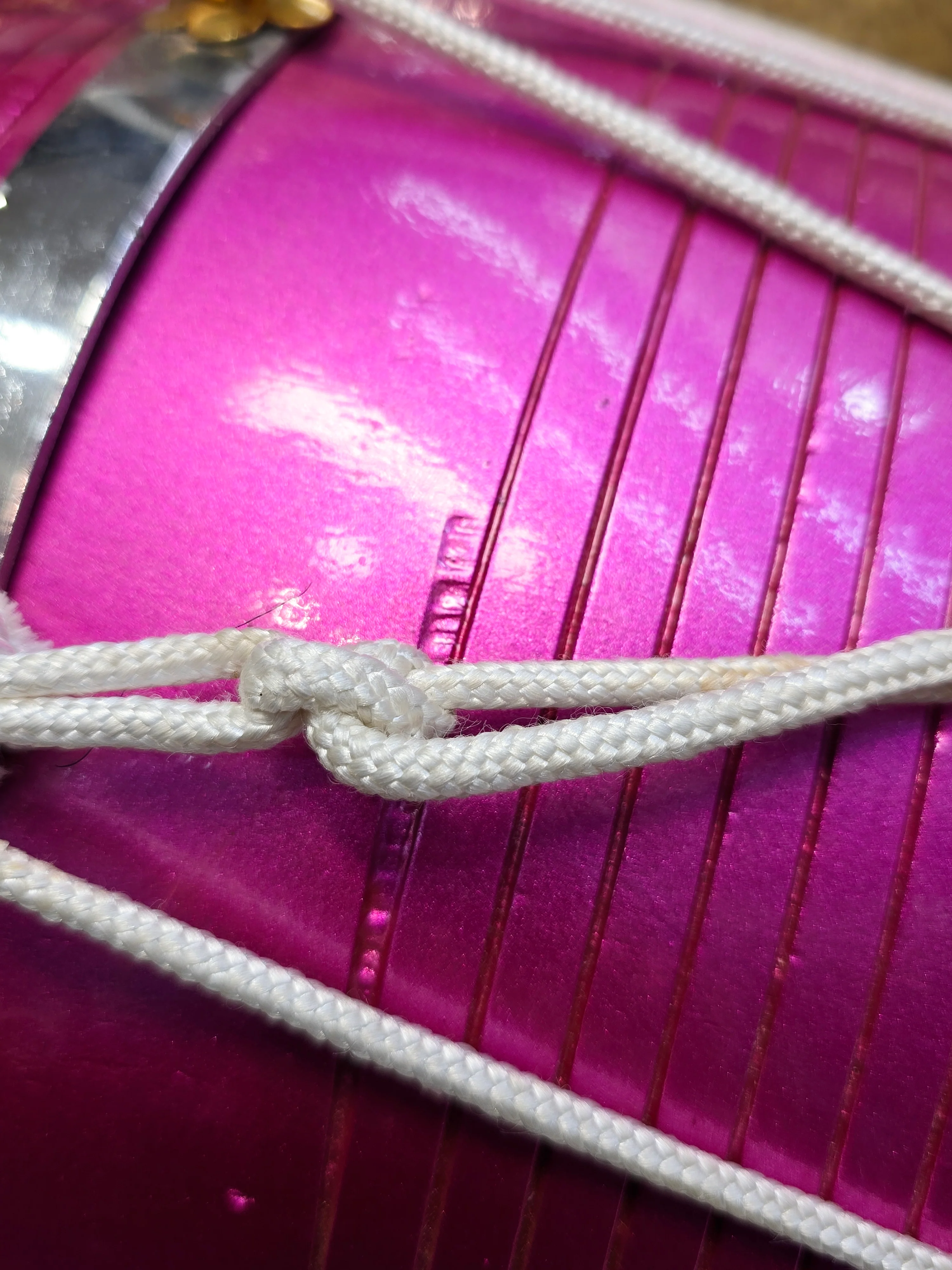 Radiant Rose West Indian Dholak – 20" Red Sheesham, Glossy Sparkling Magenta with White Ropes (Minor Defects) - Image 9